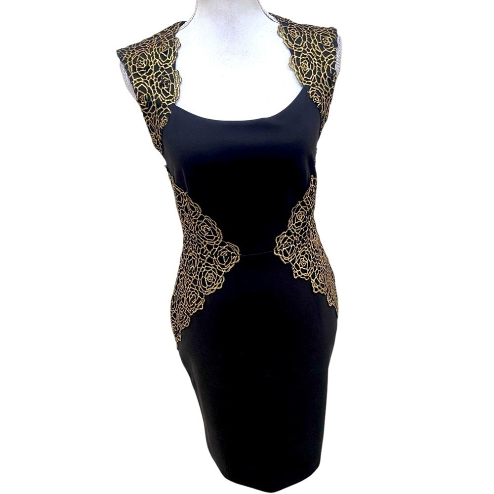 NWT Erin black & gold rosette embroidery fitted short sleeve pint dress size 4 - Picture 1 of 12